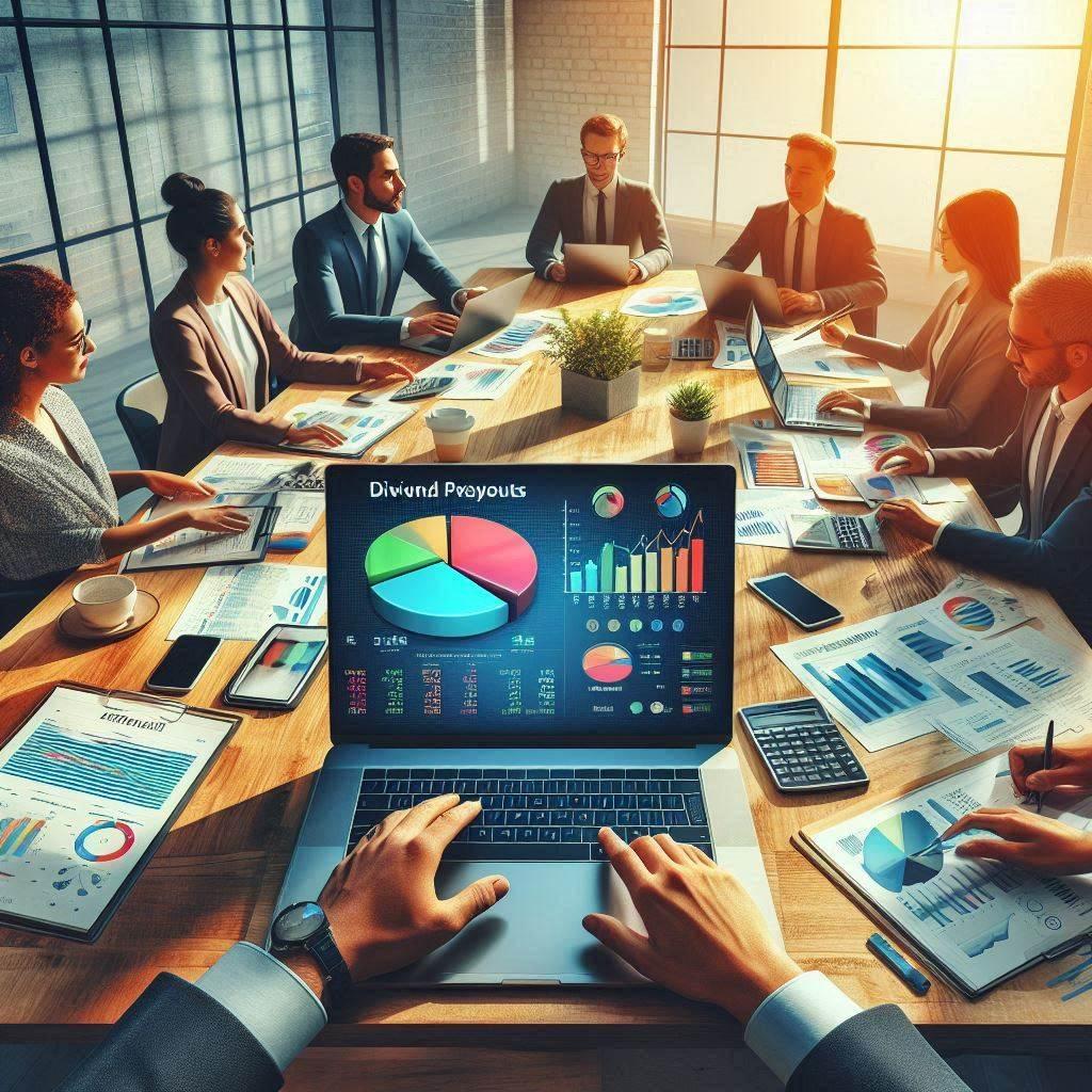 Diverse professionals collaborate at a desk, analyzing dividend payout charts on a laptop.